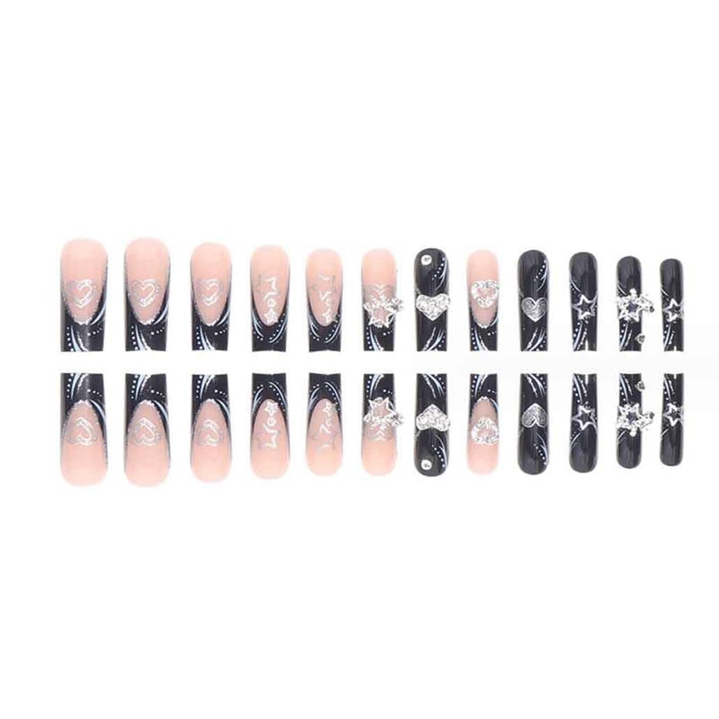 Foccna Press on Nails Long Rhinestone Fake Nails Black Square Bling Glossy Artificial Nails Finger Manicure for Women and Girls-24pcs (Long Nails 2) - Image 2